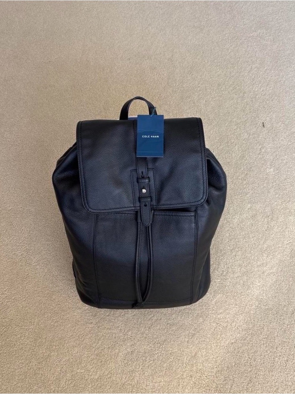 Cole Haan Black Pebbled Leather Drawstring Backpack